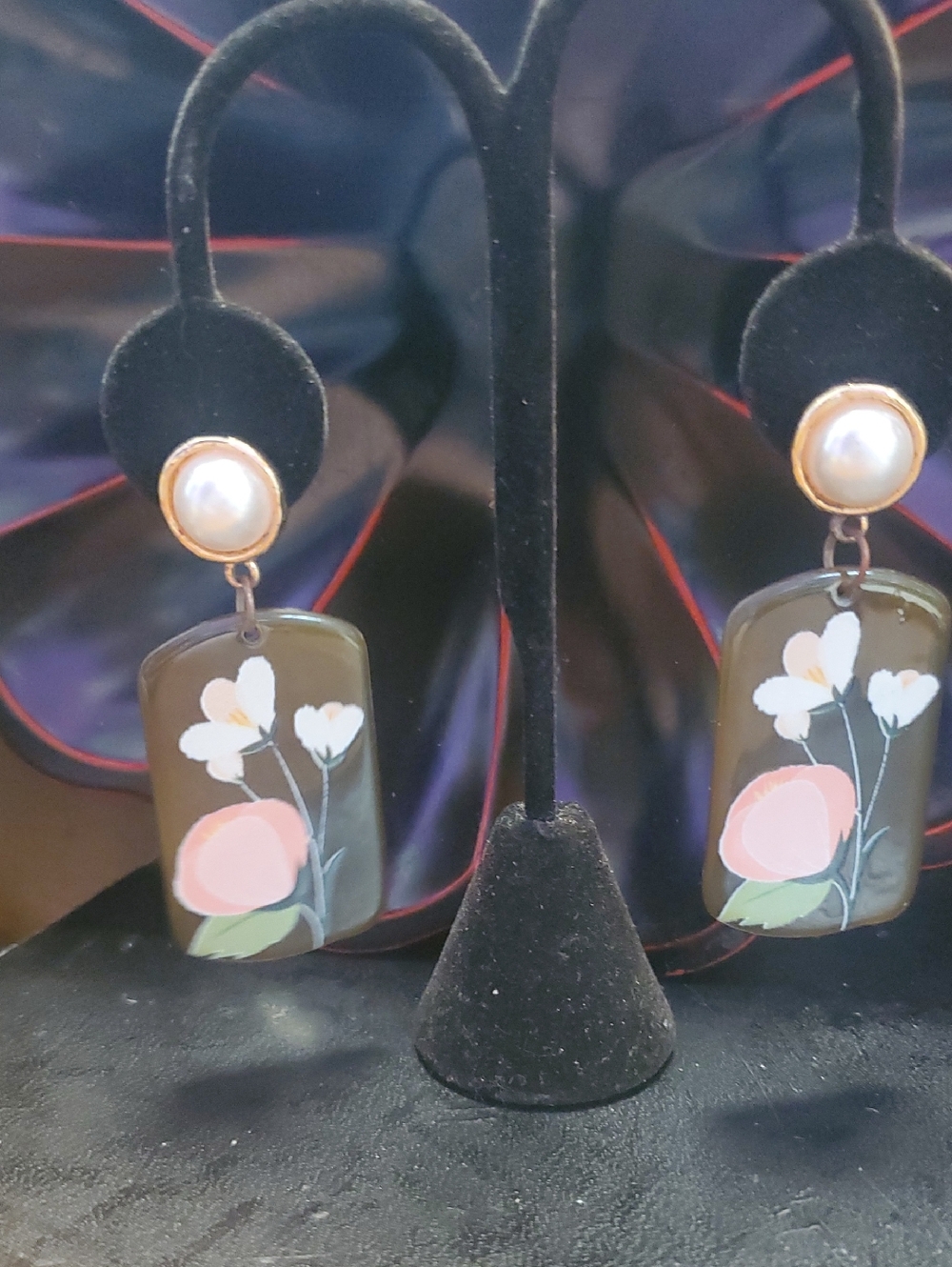 Hand-Painted Floral Drop Earrings with Pearl Studs - Pink & Olive